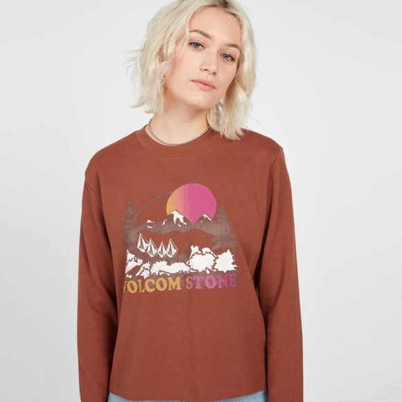 NWT Volcom Stone Thermality Long Sleeve Thermal Knit Graphic Top Dark Clay - Picture 2 of 10